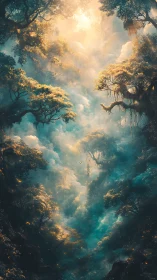 Aerial Forest Canopy with Golden Sunlight and Atmospheric Volumetric Effects