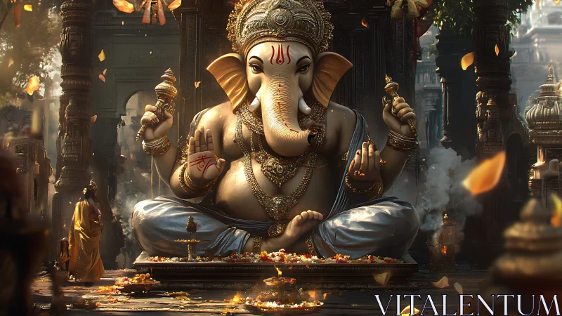 Golden Ganesha in temple twilight, blessing petals and prayer.