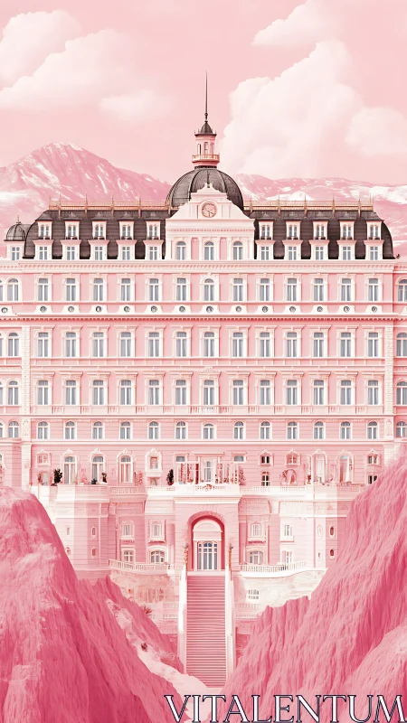 Candy alpine grand hotel rising amid pastel cliffs.