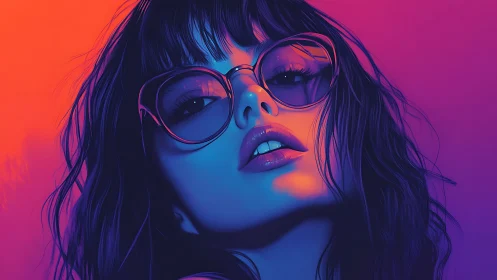 Portrait shows stylized woman in neon gradient lighting