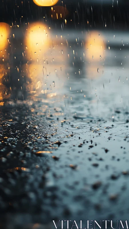 Glistening street rainfall with warm urban bokeh lights.