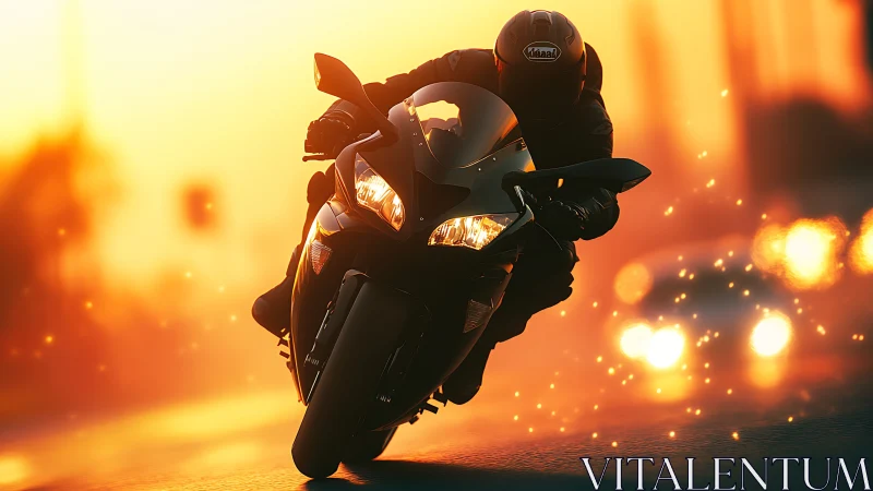 Sport motorcycle rider leaning into turn at sunset.