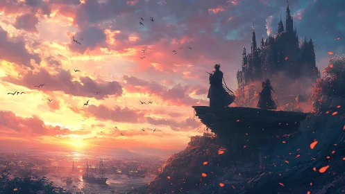 Royal figures overlook glowing harbor at fantasy sunset.