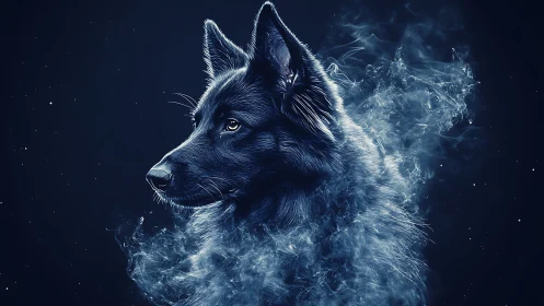 Spectral blue canine portrait with luminous smoke diffusion