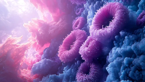 Bioluminescent coral forms in ethereal neon macro seascape.