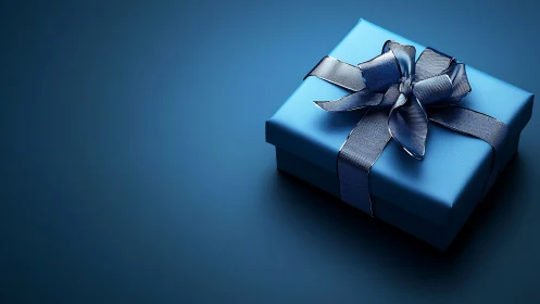 Blue Gift Box with Ribbon Bow on Neutral Surface