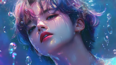 Iridescent submerged portrait glows with neon aquatic light