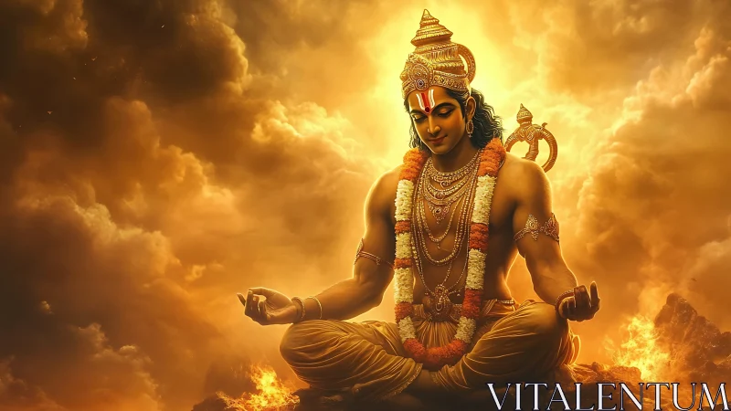 Divine meditative deity in radiant golden celestial clouds.
