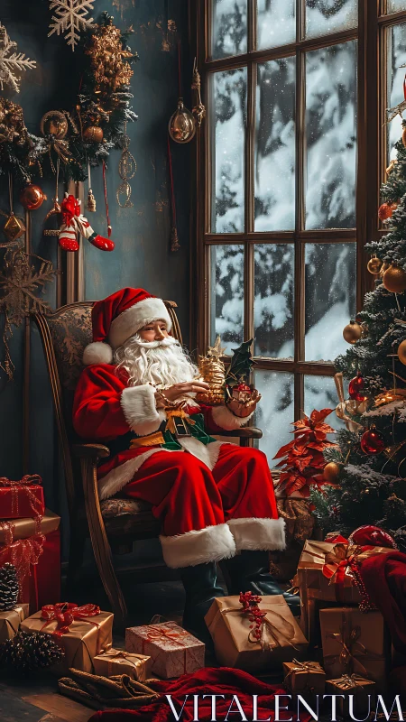 Child in Santa suit resting by window in cozy Christmas room.