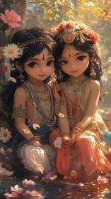 Blossom-crowned child deities share sunlight and river hush.