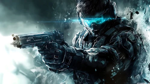 Tactical exosuit marksman discharging sidearm in ionized fog.