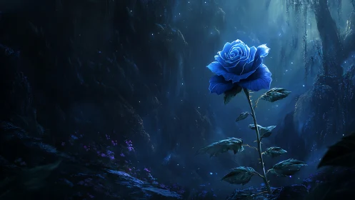 Luminous bioluminescent blue rose rendered in atmospheric forest