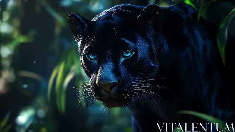 Black Panther with Iridescent Eyes in Jungle Setting.