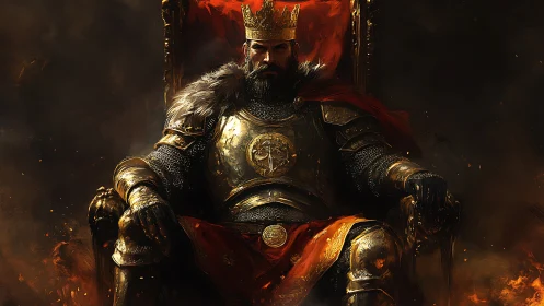 War-forged king on a burning throne of shadowed gold.