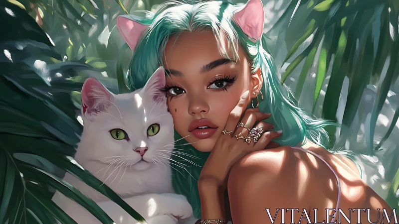 Tropical Elegance: Woman with White Cat Among Verdant Foliage