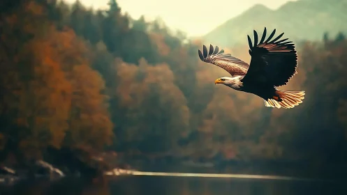 Soaring eagle glides over a calm autumn forest lake.