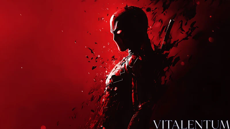 Shadowed red hero dissolving into swirling darkness.