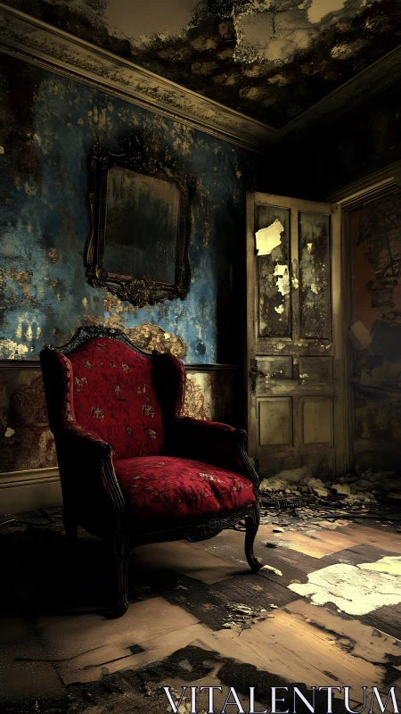 Velvet armchair glows in a decayed, dimly lit mansion room