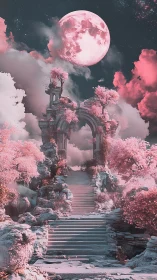 Moonlit ruins rise above pastel clouds in a dreamlike ascent