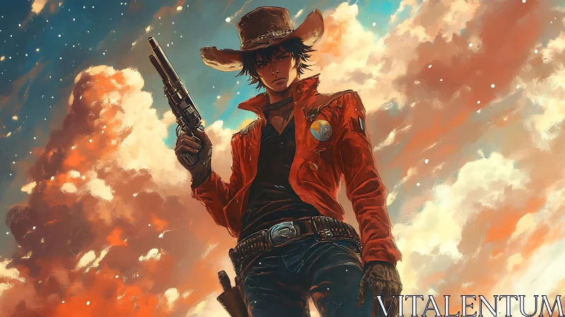 Stargun drifter under ember clouds of the painted frontier.