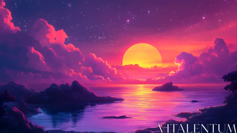 Neon dusk dreamscape over crystal sea and star-kissed clouds.