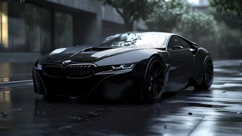 Midnight black BMW supercar on rain-slicked city street.