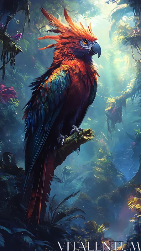 Radiant jungle parrot resting in shimmering forest light.