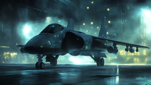 Sleek futuristic jet resting in a glowing rainy hangar.