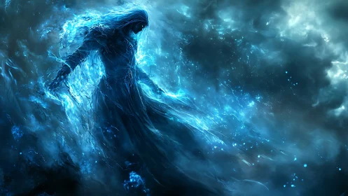 Ethereal hooded specter formed from bioluminescent blue energy