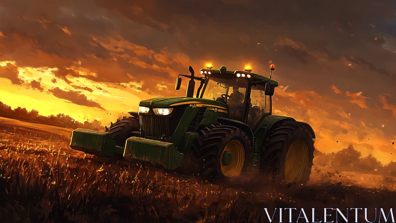 Sunlit green tractor working a warm, glowing evening field.