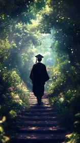 Graduate walks a sunlit forest path toward hopeful horizons