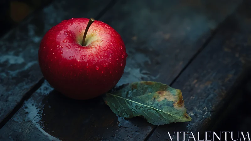 Macro close-up of red apple with leaf on wet wooden surface