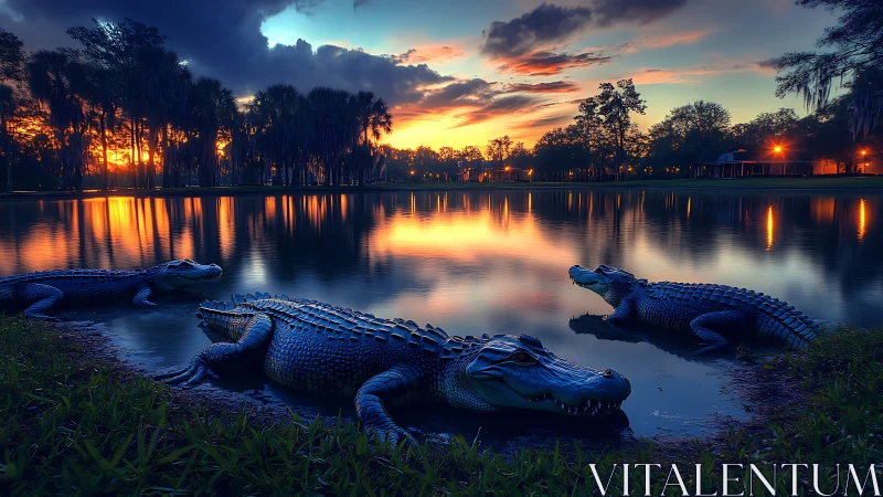 Alligators rest beside tranquil lake under vivid sunset