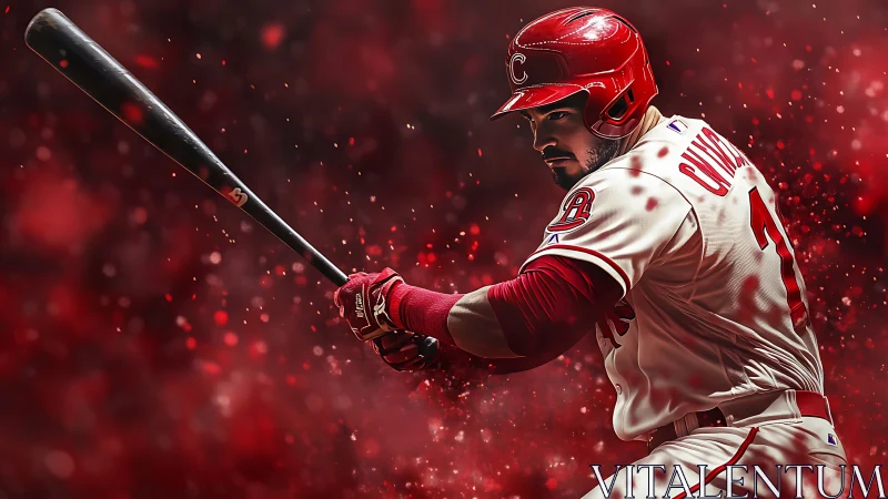Focused baseball slugger ready to swing under red lights.