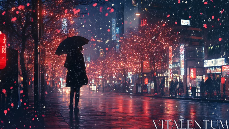 Soft rain glows over a quiet city street of crimson lights