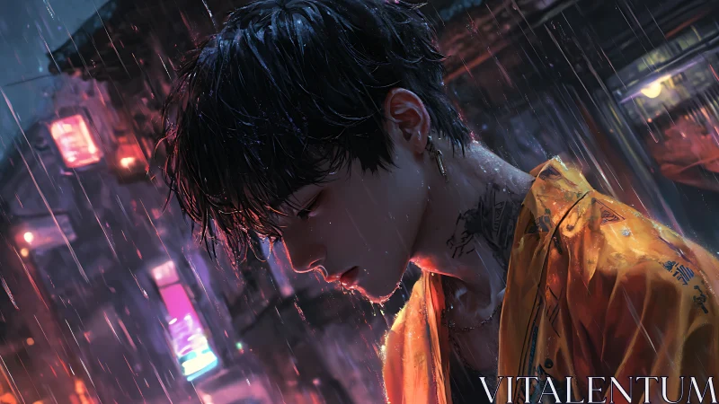 Neon rain drapes a brooding youth in electric solitude.