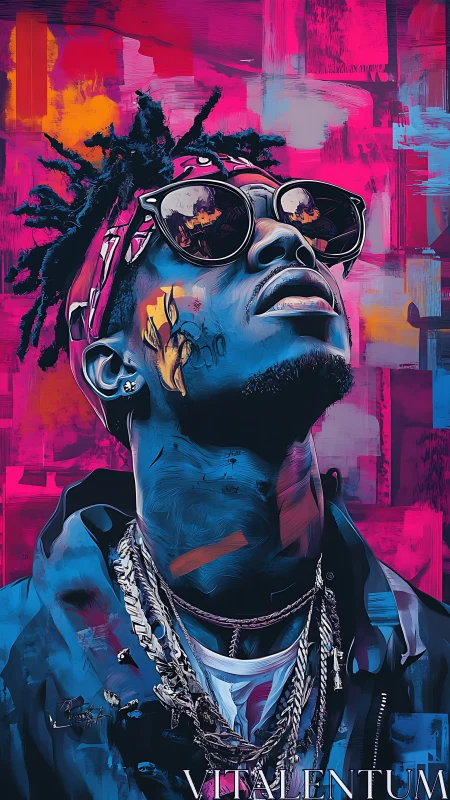 Neon street portrait of cool rapper in reflective shades.