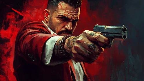 Dynamic digital painting of armed man in red suit profile.