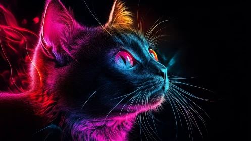 Neon side profile of cat in high contrast digital light.