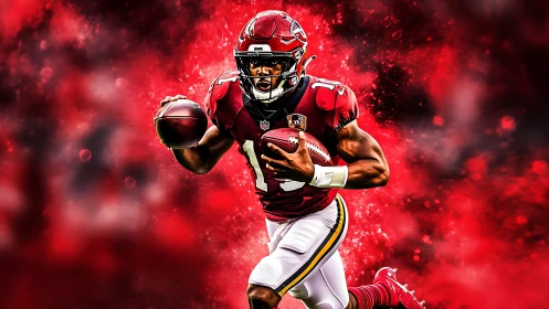 Electric red football charge through swirling stadium energy.