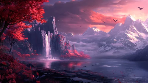 Fantasy citadel waterfall amid crimson autumn range panorama.