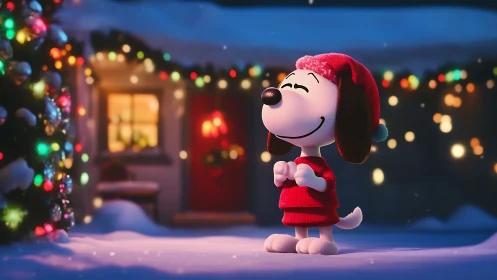 Smiling cartoon beagle in cozy snowy Christmas yard scene.