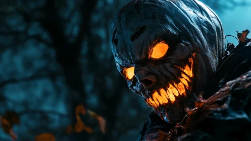 Luminescent pumpkin skull with molten eyes in nocturnal forest