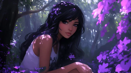 Forest girl in violet bloom with dappled dreamlight.