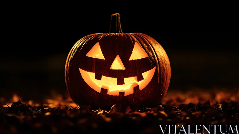 Glowing jack o’ lantern on autumn leaves at nightfall.