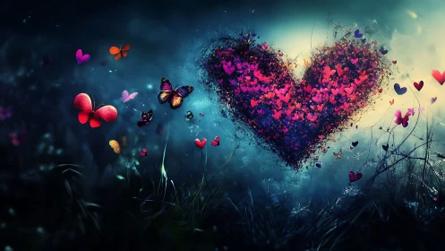 Composite heart formation with butterflies and floral elements in gradient landscape