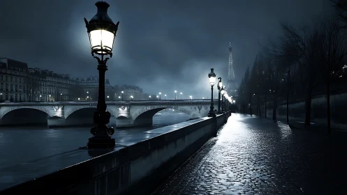 Nocturnal Paris riverside with wet cobblestones and lampposts