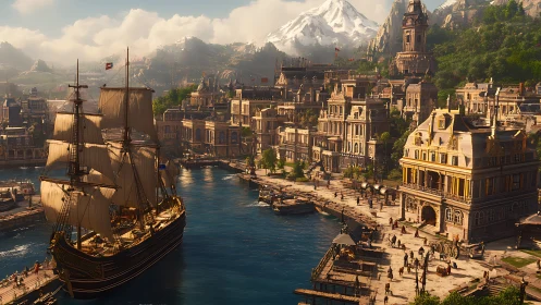 Majestic age-of-sail harbor rendered in cinematic digital detail