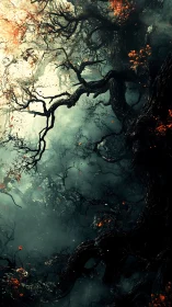 Dense twisted forest canopy in mist with sparse foliage.