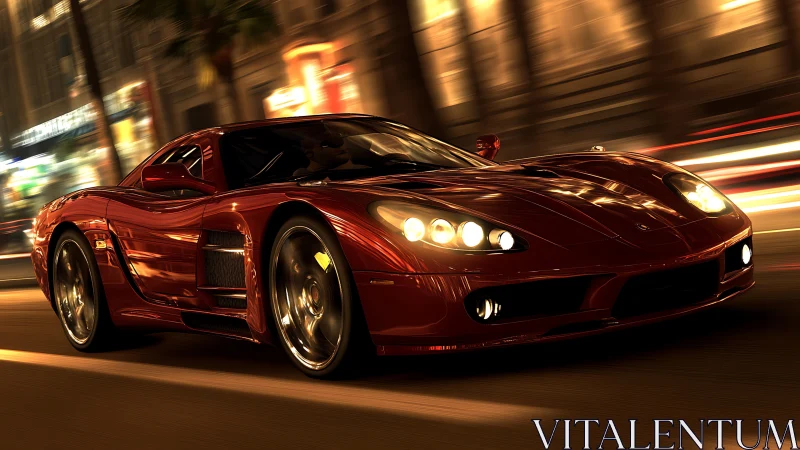 Crimson supercar streaks through molten city lights at speed.